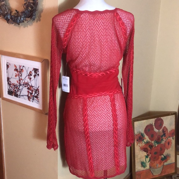 FREE PEOPLE Size Large Lace Cocktail Dress Cherry Red Scalloped Bodycon $250NWT - Picture 7 of 16